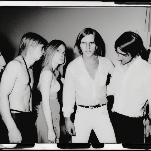 long shot, Joe Dallesandro in white button down shirt and Jane Forth at a crowded party in downtown loft, anatomically correct, vintage polaroid photography by Andy Warhol