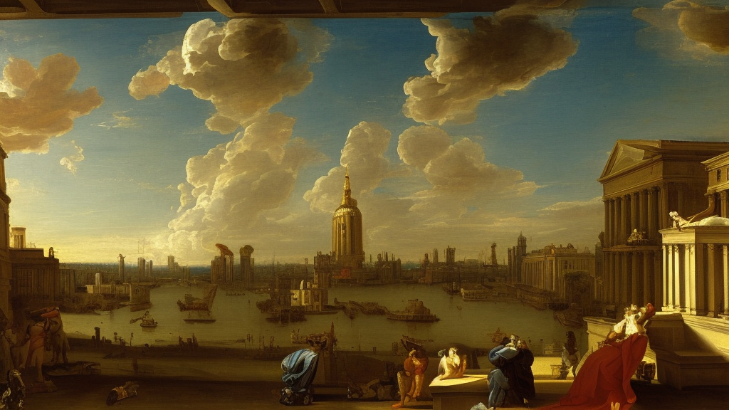 A painting of the city of the future with an all-seeing eye in the sky by Johan Zoffany, highly detailed, Neoclassicism, Baroque, Classicism