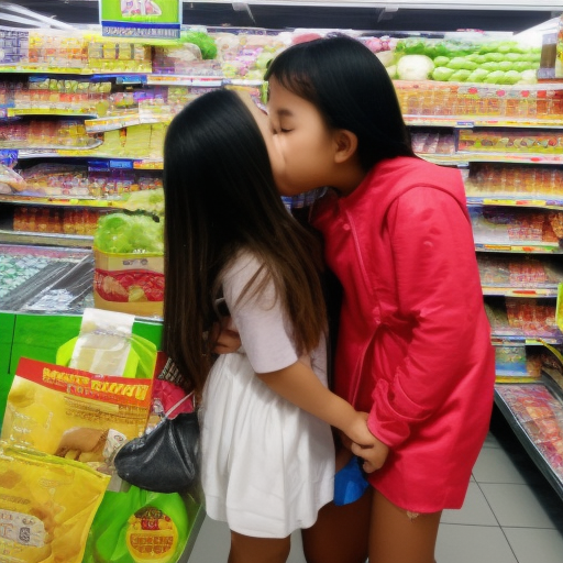 two Little malay girl kissing in super market 
