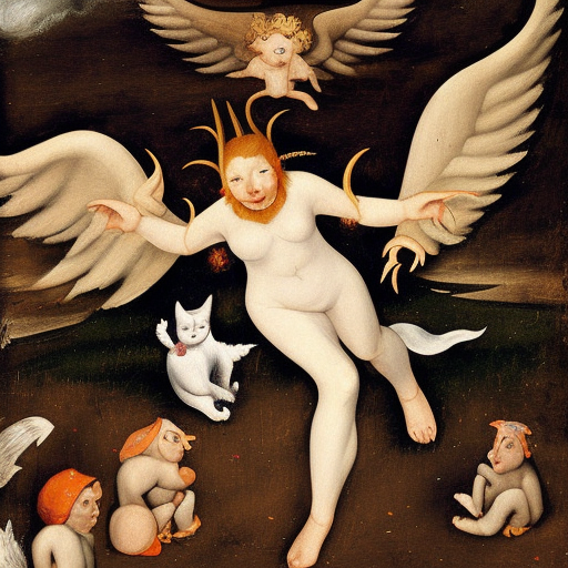 horned demon girl casting a spell, accidental explosion, flying white cat with angel wings, bruegel oil painting