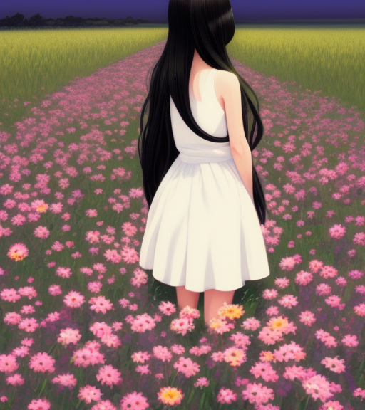 little girl with her long black hair dressed in a simple white dress laying on a flowery field, anime art style, digital art by ilya kuvshinov, inspired by balthus, hd, 4 k, hyper detailed, rear view