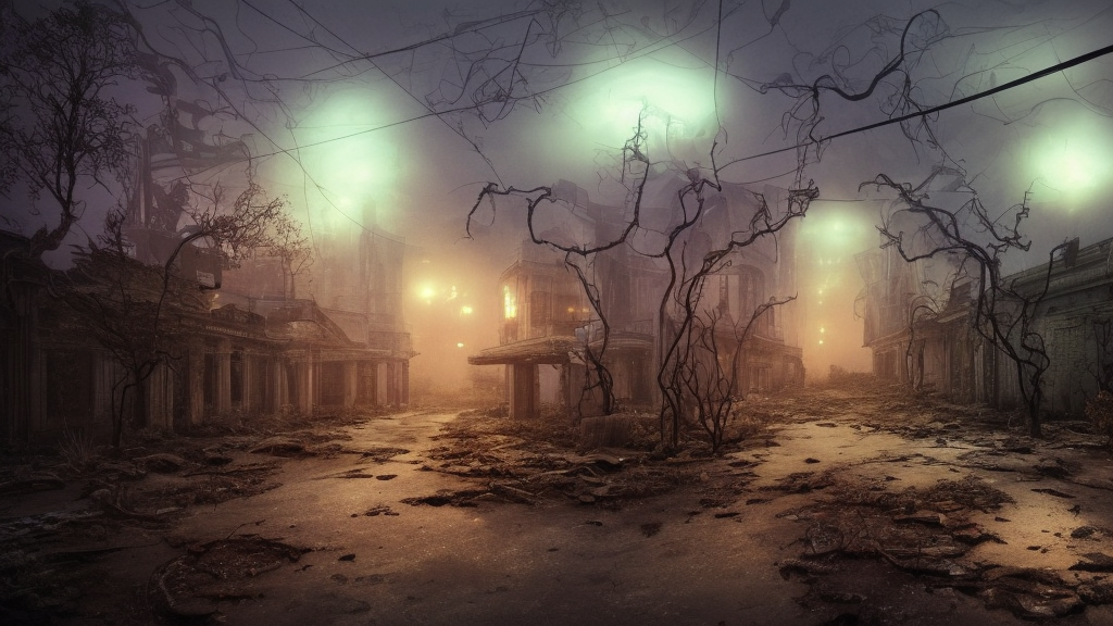 dramatic render of dark abandoned ruined city at night, accurate ray tracing, mysterious fog, glowing lights, twisted withering vines wrapped around buildings, neon fungi, weeds growing out of the road, streelights, ambient occlusion, unreal engine, detailed, vibrant, artstation, by dylan cole and jordan grimmer