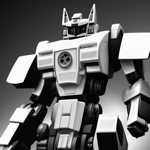 generate a photorealistic black and white picture of  autobot at a photo shoot