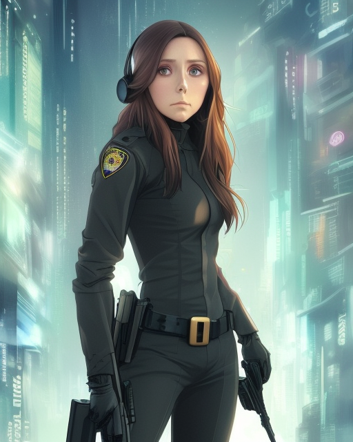 anime key visual of elizabeth olsen police officer, cyberpunk, futuristic, perfect eyes, stunning features, perfect face!!, high details, digital painting, artstation, smooth face, soft focus, illustration, art by artgerm and greg rutkowski and alphonse mucha