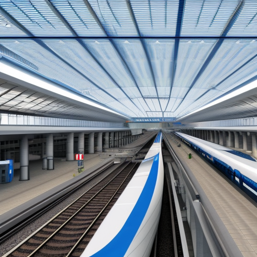 futuristic realistic Main railway station, landscaping, high speed trains, high resolution, blue sky, moons, Deutsche Bahn Logo, Passengers,ultra details, 4k