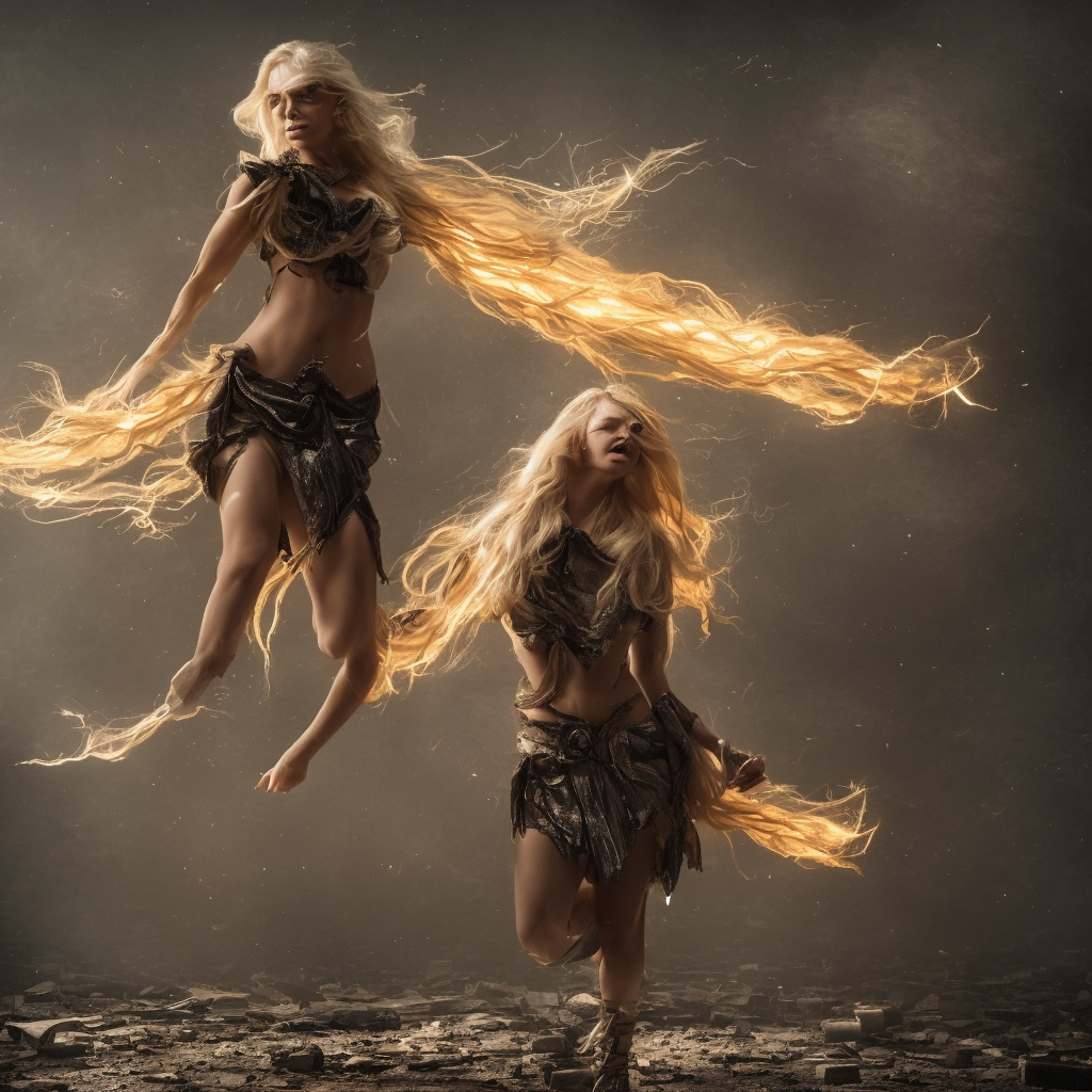 beautiful blond hovering sorceress girl, casting a spell, in a destroyed city, moody lighting, 8 k, shallow depth of field, cinematic lighting,
