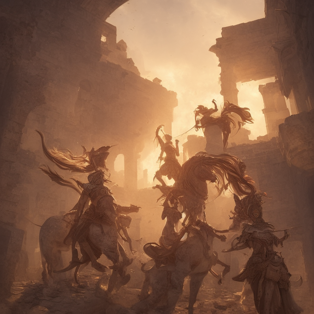 An illustrationof a  portrait of a Knights of Zodiac girl, fighting at ancinet Agora of Athens, ruins, Golden Light,  illustration, art by WLOP, NIXEU and greg rutkowski, volumetric light, lightrays, smoke, cinematic, intricate, hypermaximalist, super detailed