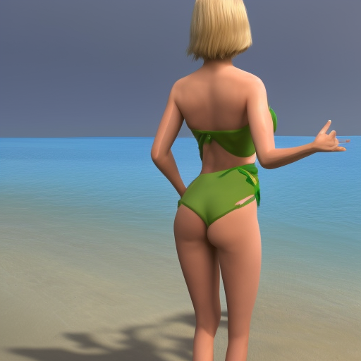 a blonde woman in a green bikini seen from behind, thin back and wide hips, legs bended photorealistic unreal engine