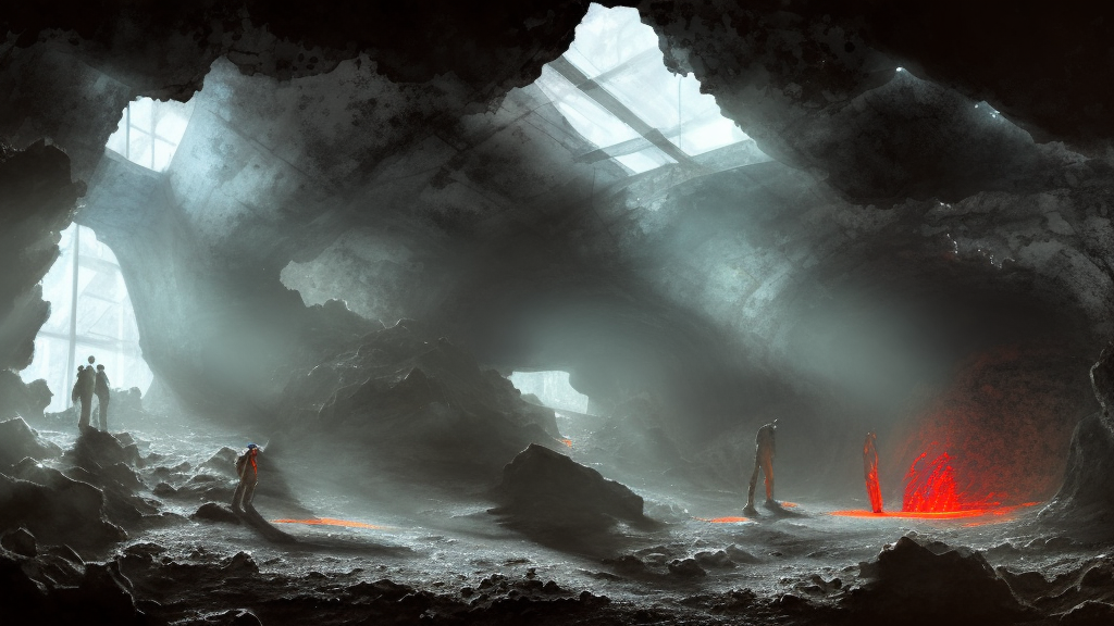 high tech nomands exploring abandoned laboratory in volcanic cave, research station, hot lava, scifi, dark scifi, space horror, light, shadows, reflections, steam, epic composition, intricate, elegant, volumetric lighting, digital painting, highly detailed, artstation, sharp focus, illustration, concept art, ruan jia, steve mccurry