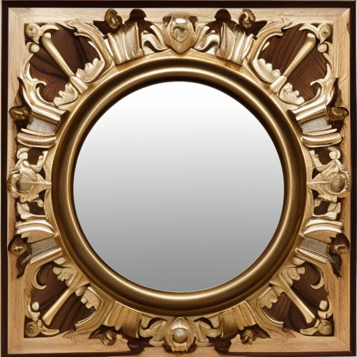 Wood mirror, rounded edges, rectangular frame, brass detailing, floral ornaments, high quality, front view