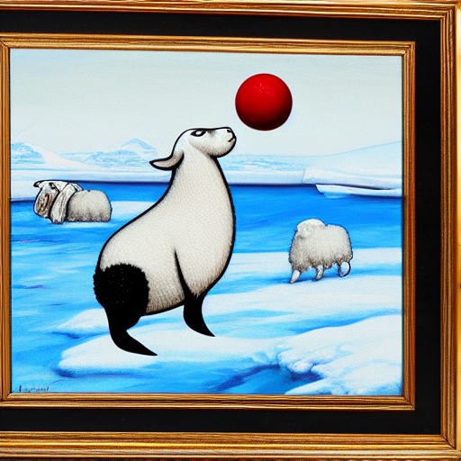 cartoon drawing of a seal tossing a red ball with a white lamb in antarctica. the seal's head is sticking out above the water and the sheep is standing near the edge of ice oil painting on canvas
