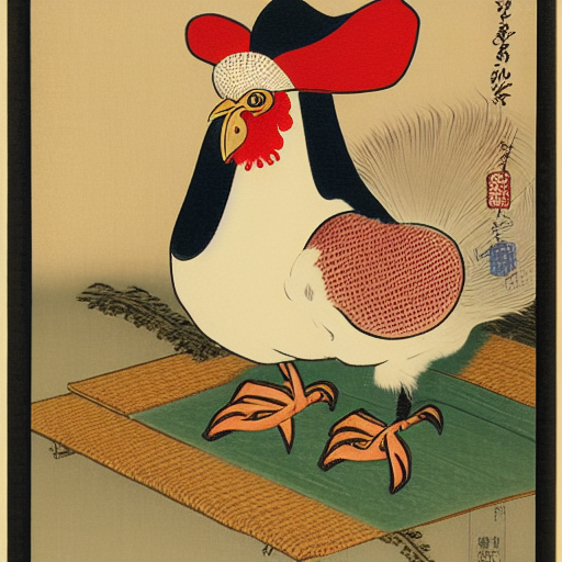 a painting of a chicken wearing a costume, a portrait by Koson Ohara, featured on pixiv, ukiyo-e, ukiyo-e, woodcut, chiaroscuro