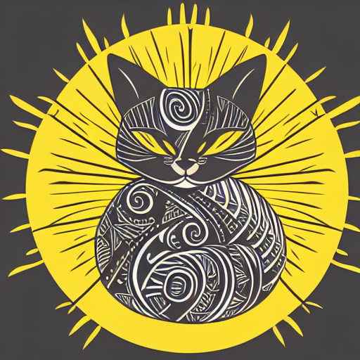 tattoo sketch of a cat hugging the sun, on a canva, polynesian style, ornamental, line art, vector,