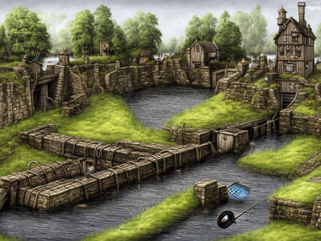 dark medieval river lock with sluices on wide river with rocks, lock gates, single house, Warhammer fantasy, summer, bushes, trees, nets, fishing, fish, water-lily, duckweed, boat, poor, black adder, muddy, puddles, misty, overcast, Dark, creepy, grim-dark, gritty, detailed, realistic, illustration, high definition