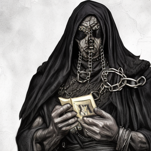 cultist of Belakor in black hood holding book, belt made from chains, soot-covered face, big black nails in flesh, black shadow magic, Warhammer fantasy, creepy, grim-dark, Yuri Hill, gritty, realistic, illustration, high definition