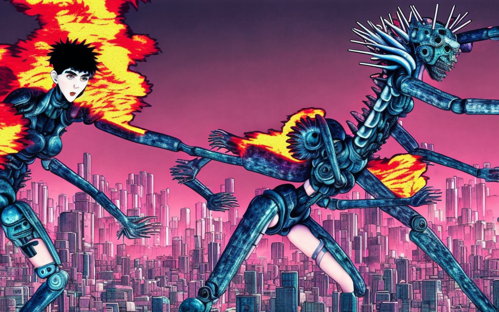 highly detailed image of singer grimes as giant manga monster attacking ghost in the shell city on fire