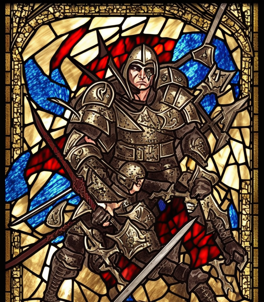 dark medieval, triumphant young evil gladiator beating good gladiator, Path of Exile, Warhammer fantasy, black and red, gold and blue, stained glass, grim-dark, gritty