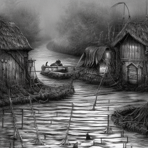dark medieval wide straight river, Warhammer fantasy, lock with two sluices between island and shore, levelled water, one house, rocks, summer, trees, nets, fishing, fish, water-lily, boat, black adder, muddy, puddles, misty, overcast, Dark, creepy, grim-dark, gritty, detailed, realistic, illustration, high definition