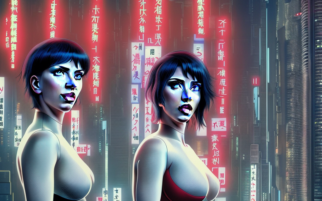 realistic scarlett johansson character from ghost in the shell, falling from the sky, futuristic tower city on fire, neon english and japanese billboards


