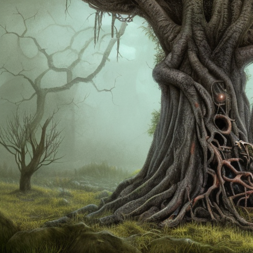 dark medieval, gnarled tree with offerings, bare roots, hole in the ground, Warhammer fantasy, summer, trees, misty, overcast, Dark, creepy, grim-dark, gritty, Yuri Hill, hyperdetailed, realistic, illustration, high definition, 4K, oil on canvas