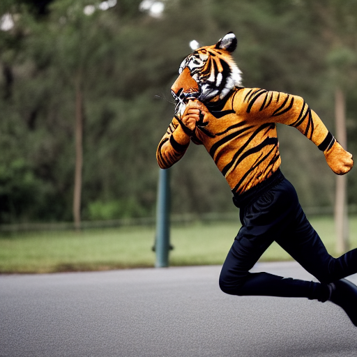 A teenager with a tiger mask wearing a black suit jacket and running shorts. 