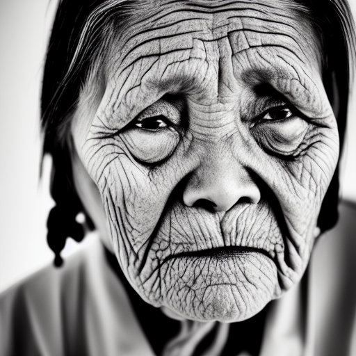 Portrait photo of an wrinkled old native woman symmetric face, front-facing, serious eyes, 50mm portrait photography, hard rim lighting%>