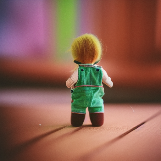 an doll crafted from sanded wood , wearing little hand stitched overalls, worms eye view, with hair that is a green ombre macro camera lens, cinematic, focus 