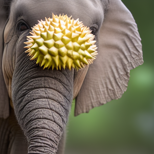 macro shot photograph of an extremely tiny baby elephant wearing a durian crown, photorealistic, 8k
