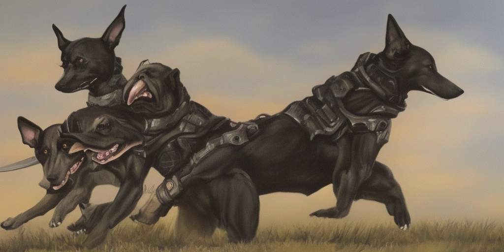 a painting of First thought: Cerberus, this could be a good dog, a dog that is sometimes a bit much, but a good dog, that could be him. Second thought: damned tanks, damned sword, damned war culture – all the shit that forces me to run around fully armored. Third thought: ZERRRRBERUS is one, as I am, one of the youngsters who had a sword pressed into their hands without being asked. Thought gap: Breath Fourth thought: OOOO ZERRREBERUSSS, the great Hades, who is basically the same as us, only appears big and strong on the outside. Thought gap: Schnauf, Schnauf Fifth thought: Let's be honest: He doesn't appear like that anymore, he lets himself appear, uses as figures who, without having to show himself, play his stronger, greatness. Sechter thought: Oh Cerberus, the life of another, that's what our lives have in common. 