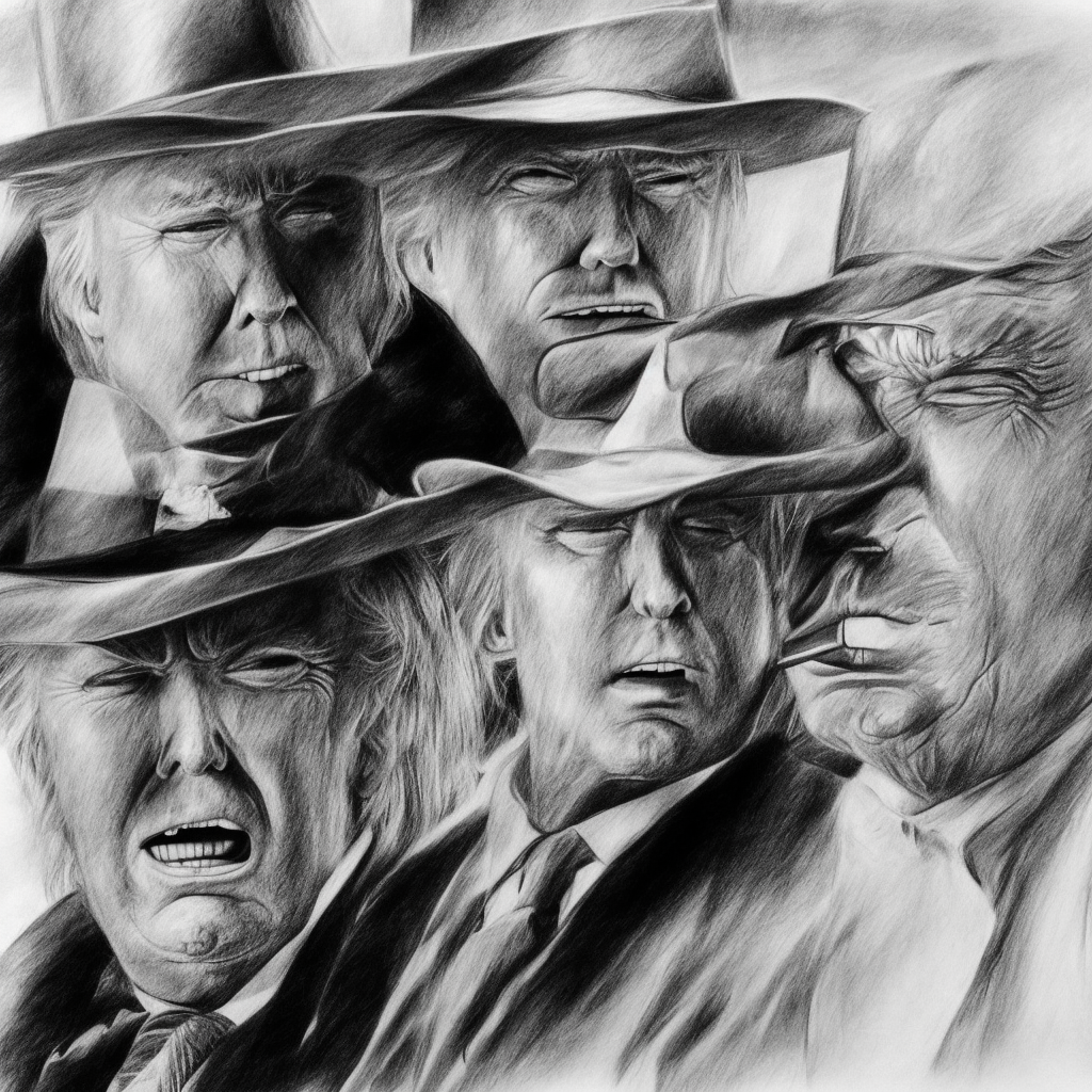 single image, candid shot,pencil sketch, composition of donald trump and clint eastwood's character "blondy" from good bad and the ugly