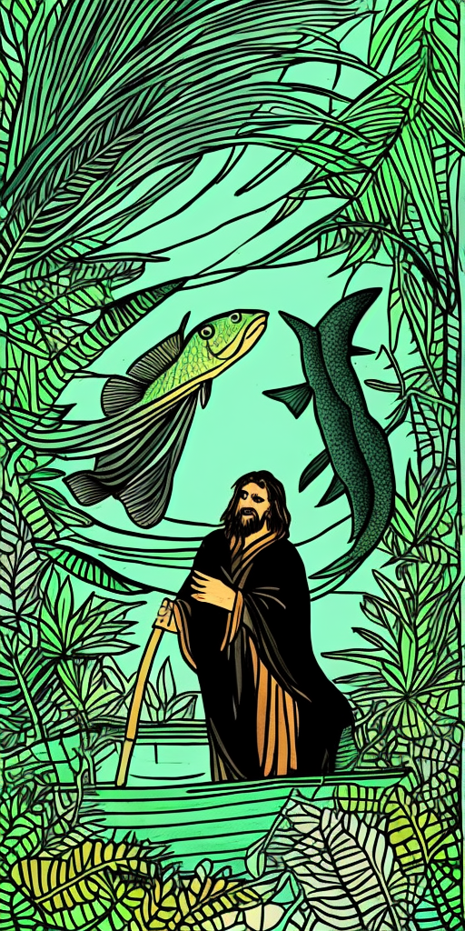 prophet wearing dark green standing on a fish in jungle boat dark ,black and green pencil illustration high quality