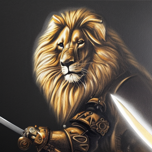 "Lion"with sword, fantasy,  black background,detailed,realistic,8k,steampunk, metal