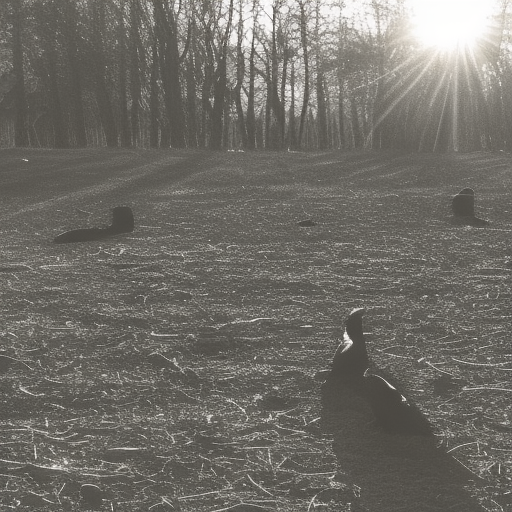 Sunny, liminal space, with dead Crows