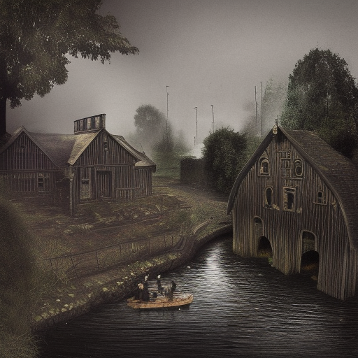 dark medieval wide straight river, lock with 2 sluices, 2 water levels, lock gates, one house, rocks, Warhammer fantasy, summer, bushes, trees, nets, fishing, fish, water-lily, boat, poor, black adder, muddy, puddles, misty, overcast, Dark, creepy, grim-dark, gritty, detailed, realistic, illustration, high definition