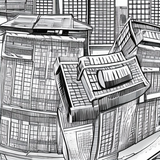 flying building in manga style made of rubbish