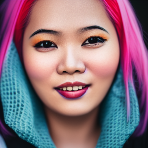 young malay woman with pink hair, Vermeer, ultra-realistic portrait cinematic lighting 80mm lens, 8k, photography bokeh, oil painting, smiling,