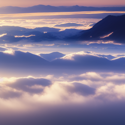 Mountain through a sea of clouds with sunlight streaming down