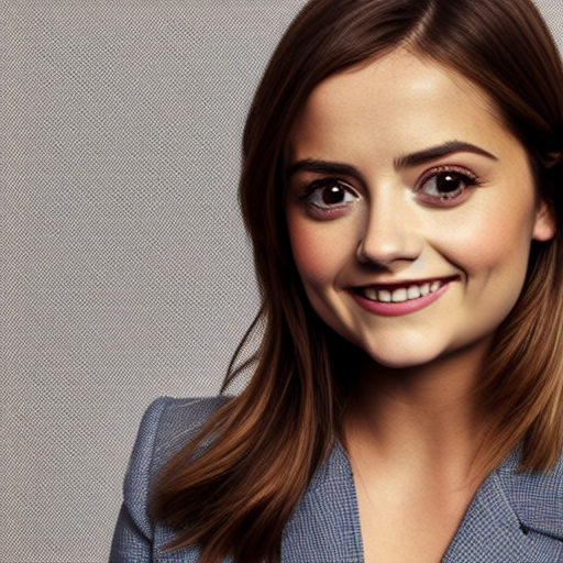 Jenna Coleman smiling, beautiful portrait, beautiful bone structure, symmetrical facial features, big eyes, retrousse nose, strong eyebrows, dimples, photo, photorealistic, long flowing hair