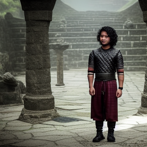 a malaysian man with curly hair and glasses and wearing shorts in a scene from game of thrones, full body shot