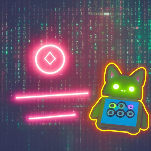 Android cat grinning while playing handheld console, cyberpunk background, futuristic environment, LOGO, Neon lights. Brand LOGO.