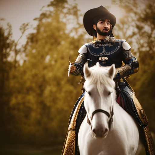 man traveling to another dimension on a white horse with a sword in hand, and golden clothing, ultra-realistic portrait cinematic lighting 80mm lens, 8k, photography bokeh