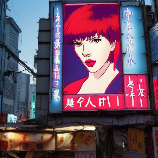 very realistic scarlett johansson character, ghost in the shell, flying building made of parts and rubbish on fire, japannese neon billboards
