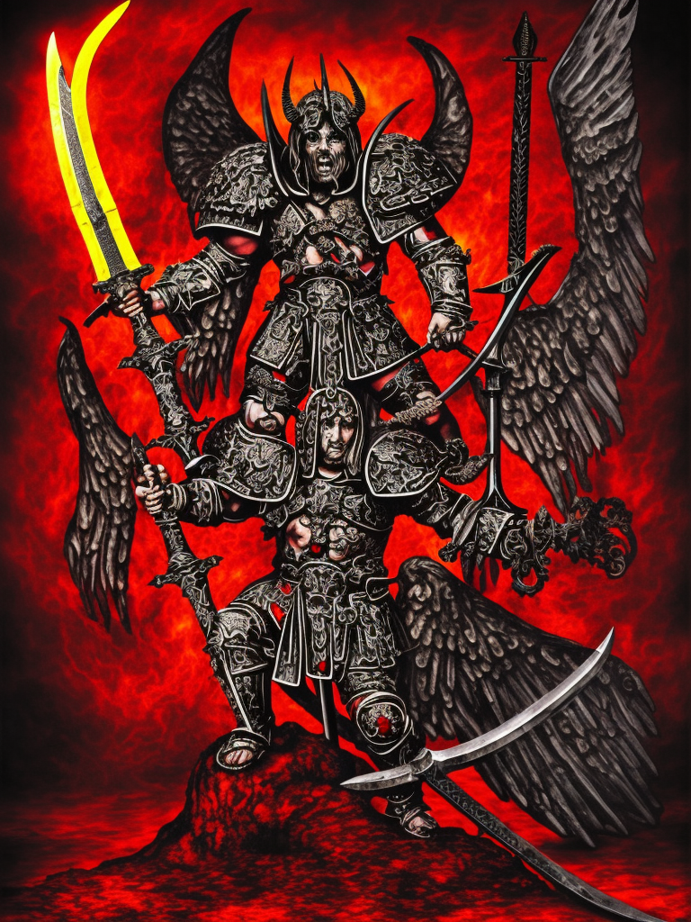 a young aggressive evil satanic triumphant gladiator with a big demonic sword, hellfire on a background, Warhammer fantasy, stained glass, black and red, grim-dark, detailed