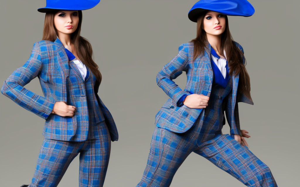 very realistic full body and portrait female fashion model dressed in blue plaid suit with flares and karge hat
