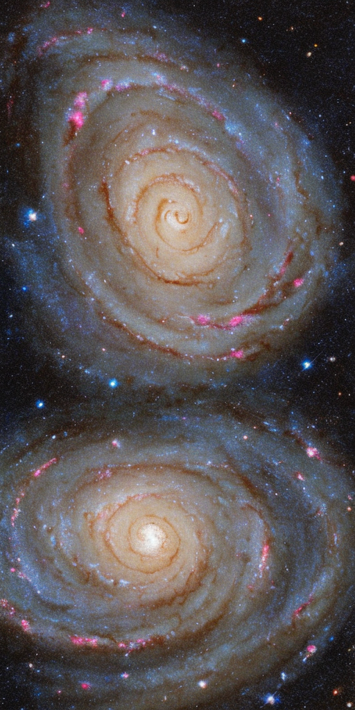 a oil painting of a Beautiful spiral galaxy NGC 6744 is nearly 175,000 light-years across, larger than our own Milky Way. It lies some 30 million light-years distant in the southern constellation Pavo, its galactic disk tilted towards our line of sight. This Hubble close-up of the nearby island universe spans about 24,000 light-years across NGC 6744's central region in a detailed portrait that combines visible light and ultraviolet image data. The giant galaxy's yellowish core is dominated by the visible light from old, cool stars. Beyond the core are pinkish star forming regions and young star clusters scattered along the inner spiral arms. The young star clusters are bright at ultraviolet wavelengths, shown in blue and magenta hues. 