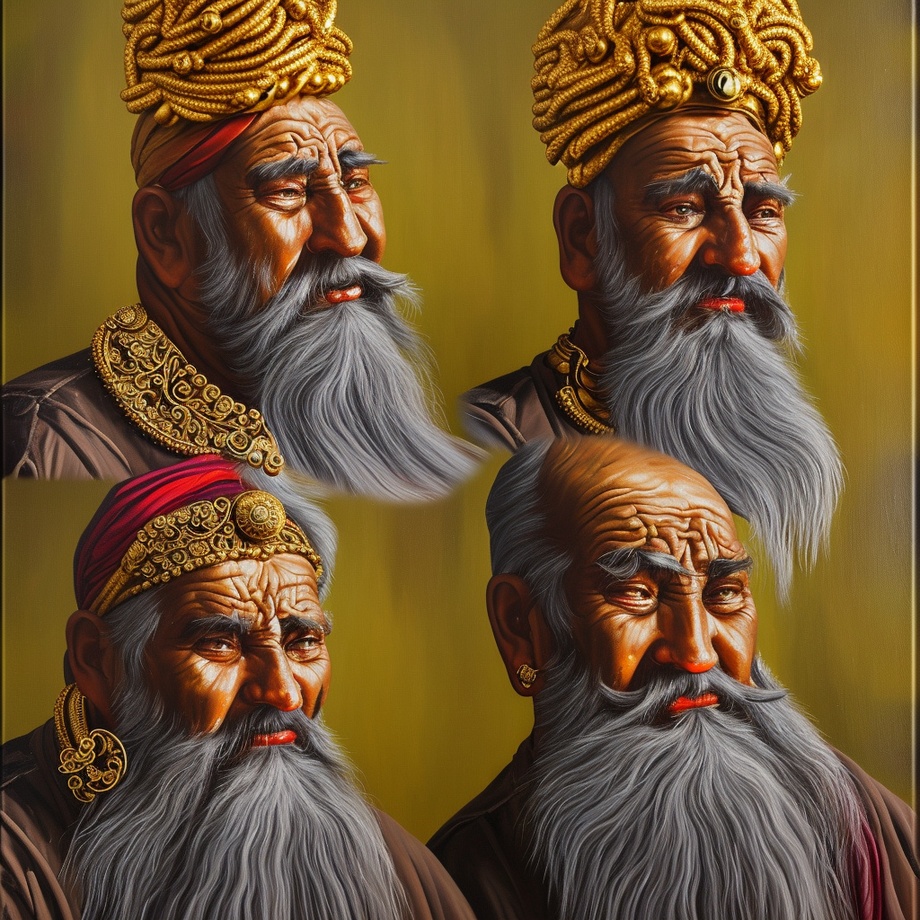  oil painting on canvas, A portrait of an old avarice / avaricious war chief wearing an ornate golden turbin on his head, intricate jewelry, full beard, thick wrinkles, 50mm portrait photography, hard rim light

