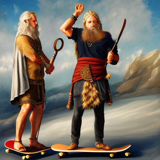 god odin with his 2 wolfes on a skateboard hyper realistik 8 k painting