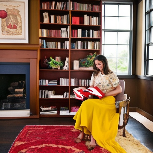 A young lady sits in a cozy living room, holding a book in her hands. Behind her, a bookcase is filled with volumes of romance, poetry, tales, and more, each one offering her a world of possibilities. Beside her is a birthday cake shaped like a book, with golden letters and a field of red and yellow stars. Around her, a few colorful balloons float on the breeze. The young lady absorbs the words of the book with a dreamy look, as if she were in another world.
