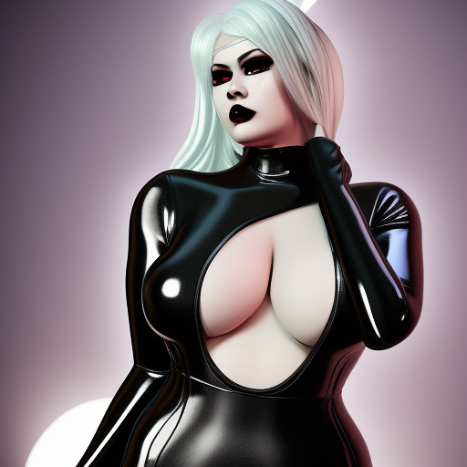 a curvy pale goth woman with a modest elaborate elegant shimmering multilayered latex striped tight high-neck outfit, cgsociety, photorealistic, sublime-cool-badass-hyperadvanced-cute, 16k, smooth, sharp focus, trending on ArtStation, volumetric lighting
