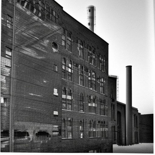 A black and white painting of a factory in Wuppertal, a very close-up shot. It is a clear and bright day. In the center of the image, a brick chimney stands tall, dominating the top half of the picture. In the background, behind the industrial building, there is a tree. Everything else is hidden in deep shadow except for the chimney. The chimney, as the tallest object, rises stretches towards the light of the sun, as if it were a tree turning towards its source of food. The tree, which is just a tree, is only a dark outline in comparison. Would it be too deep to say that here, the capitalist human work rises above natural creativity, showing its strength and pride without realizing that its downfall is already inherent in this outstanding pride? Or is a chimney sometimes just a chimney?